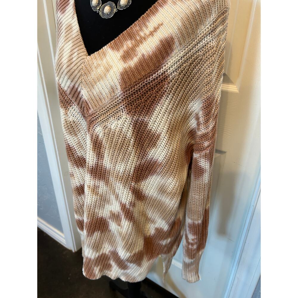 Aerie Womens XS Oversized Chunky Knit V-Neck Tie Dye Sweater Brown Cream Slouchy - Picture 2 of 8